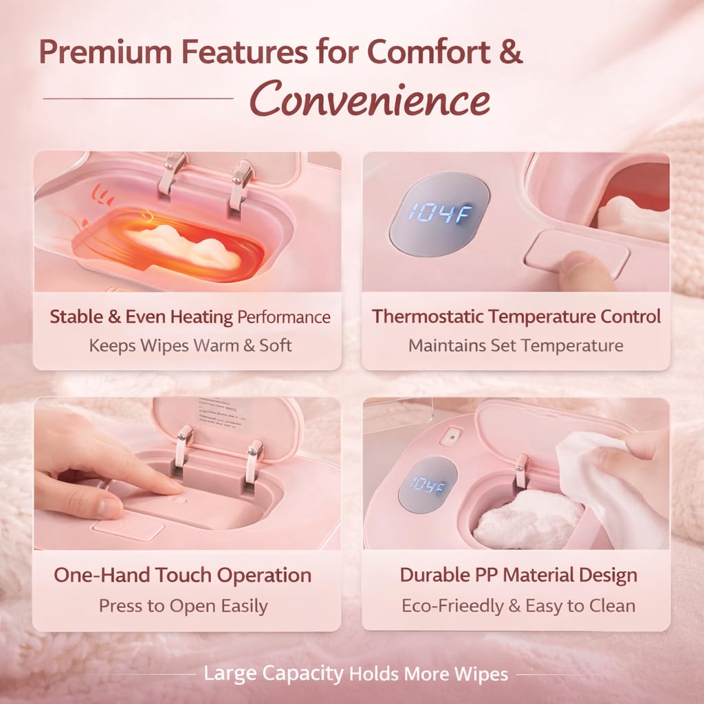 Plplaaoo Baby Wipe Warmer with Temperature Control – Portable Wipe Warmer for Car and Home Use – USB Powered Baby Wet Wipes Heater Dispenser with Digital Display – Smart Wet Warmer Box(Pink)