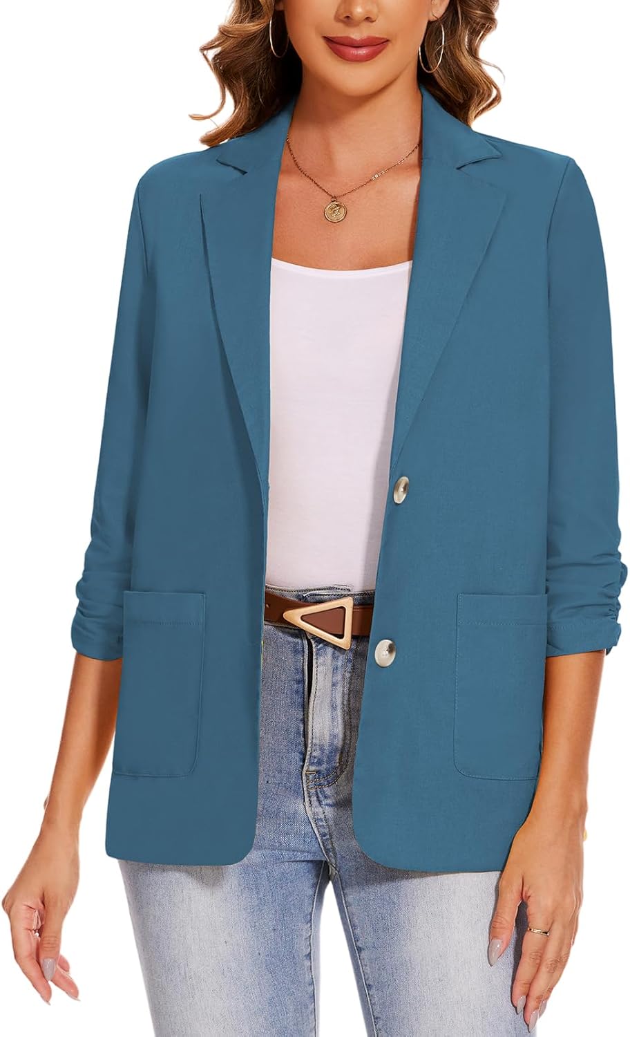 MINTLIMIT Cotton Linen Blazer Women Suit Jackets for Work Business Casual Lightweight Lapel 3/4 Sleeve Jacket (Blue, Size L)