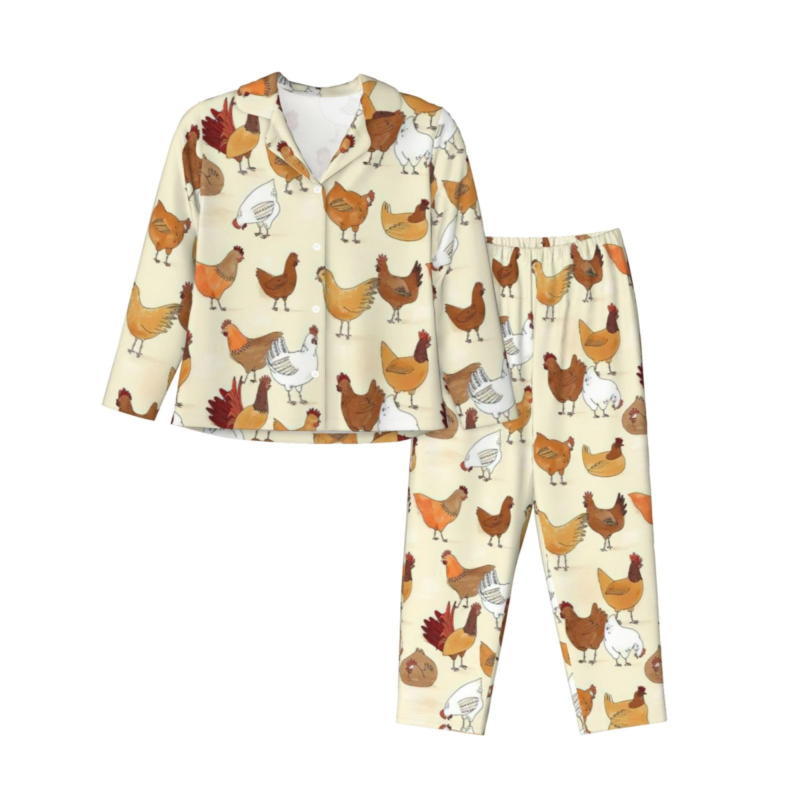 Asfgda Women's Black A Brood Of Chickens Print Pajama Sets,Long Sleeve Button Down Pajamas Set,Lounge Sets With Pockets