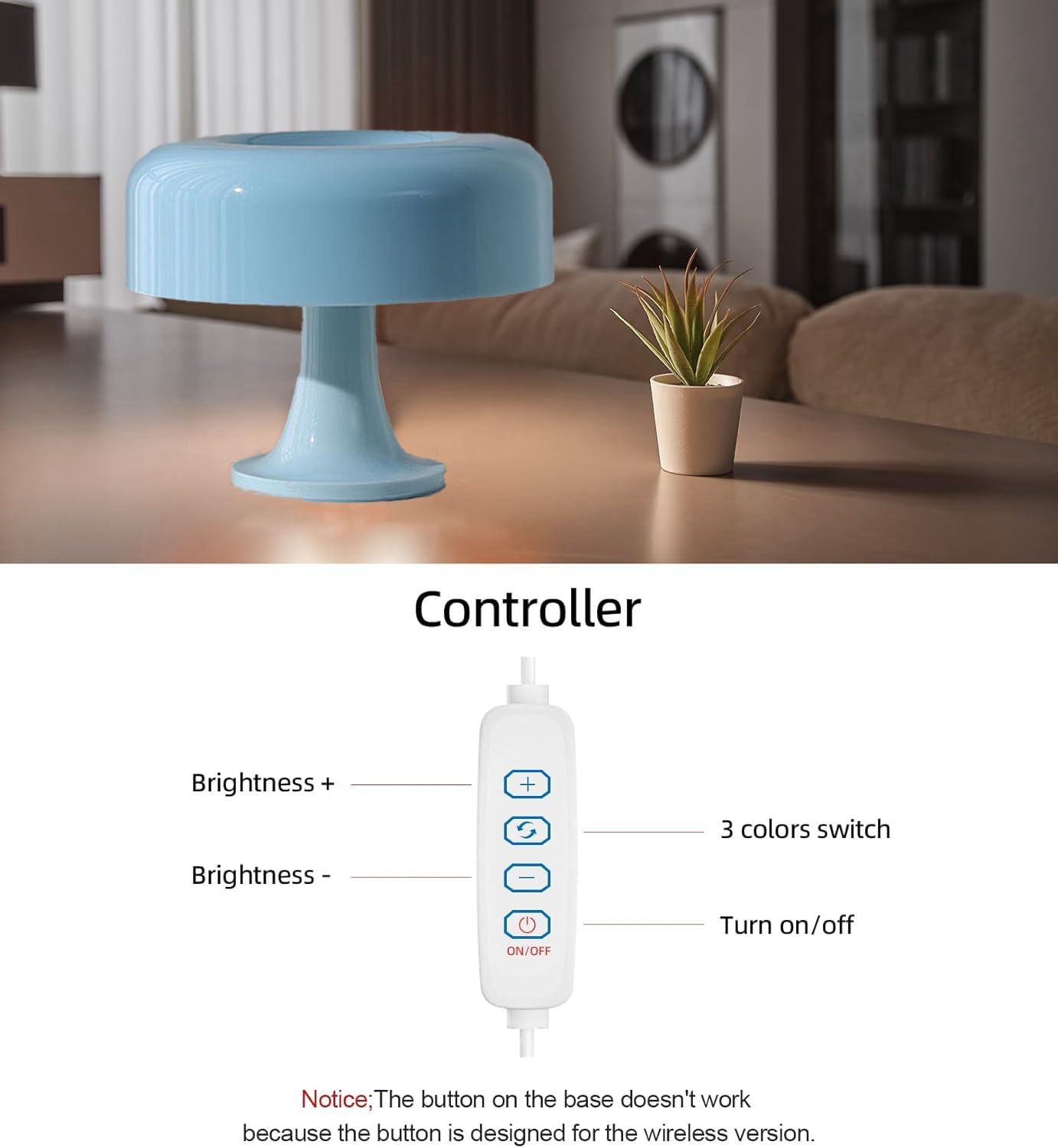 Lámpara LED con Forma de Seta Regulable Iluminación Interior Luz de Mesa con Enchufe USB y Cable Luz de Mesita de Noche Interior 3 Temperaturas de Color 3000K-6000K Iluminación Moderna,Azul