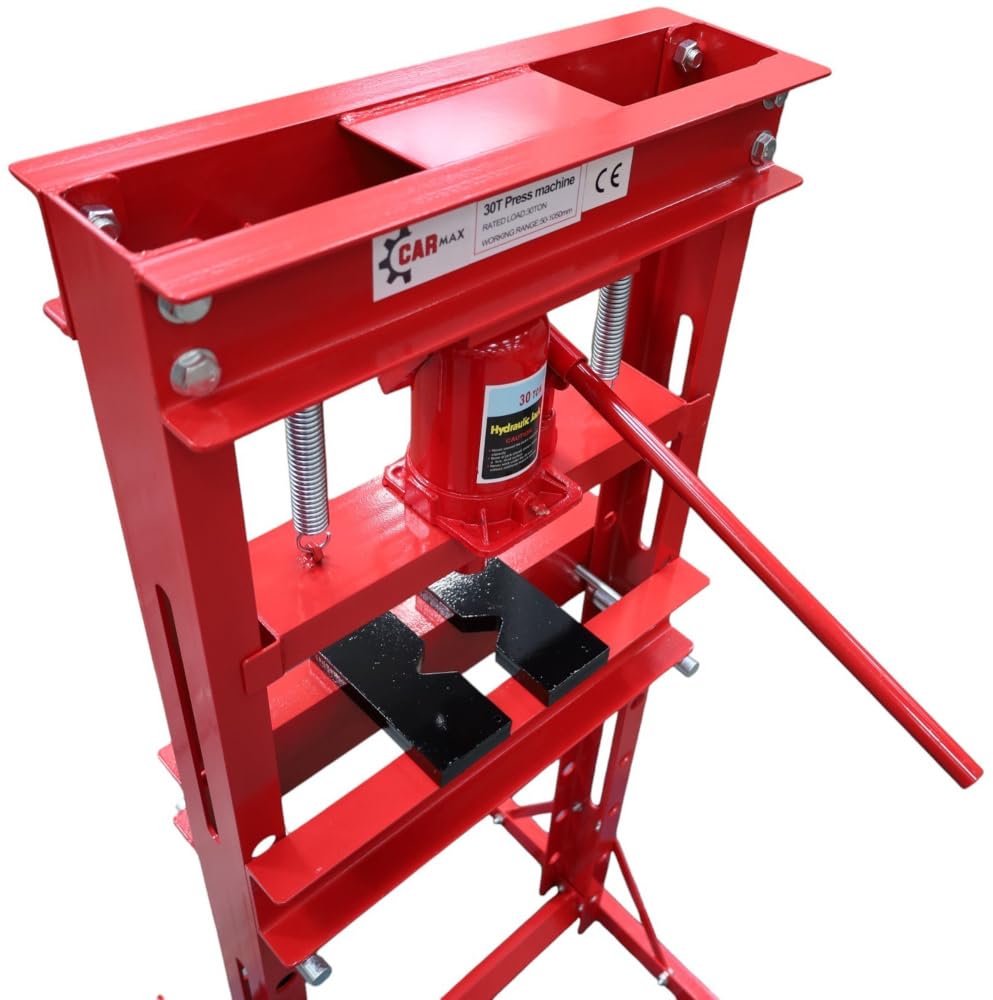 Carmax MT01305 Presse d'atelier hydraulique 30 tonnes, table de travail réglable en hauteur, 7 niveaux de travail, 2 prismes, rouge