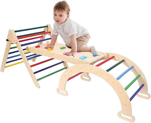 Pikler - Juego de escalador triangular con rampa Montessori, juego de escalada para niños pequeños, 3 en 1, plegable, juguetes de escalada de madera
