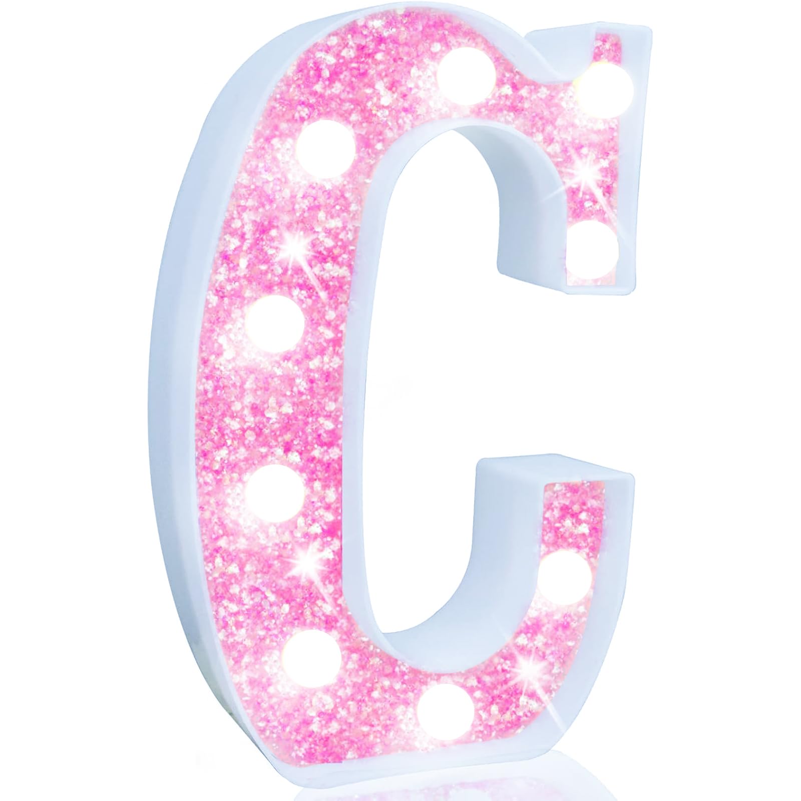 Pooqla LED Marquee Letter Lights, Light Up Pink Letters Glitter Letter Sign for Girls Gifts, Battery Powered for Night Light Birthday Party Wedding Home Bar Christmas Decoration, Cool White Pink C