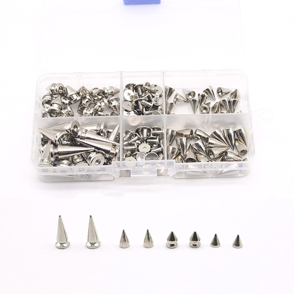 80 Sets Punk Cone Spikes Screwback Studs Rivets Rock Bullet Style for DIY Clothing Leather Craft Decoration with Storage Box（4 Kind Size and 2 Shape）
