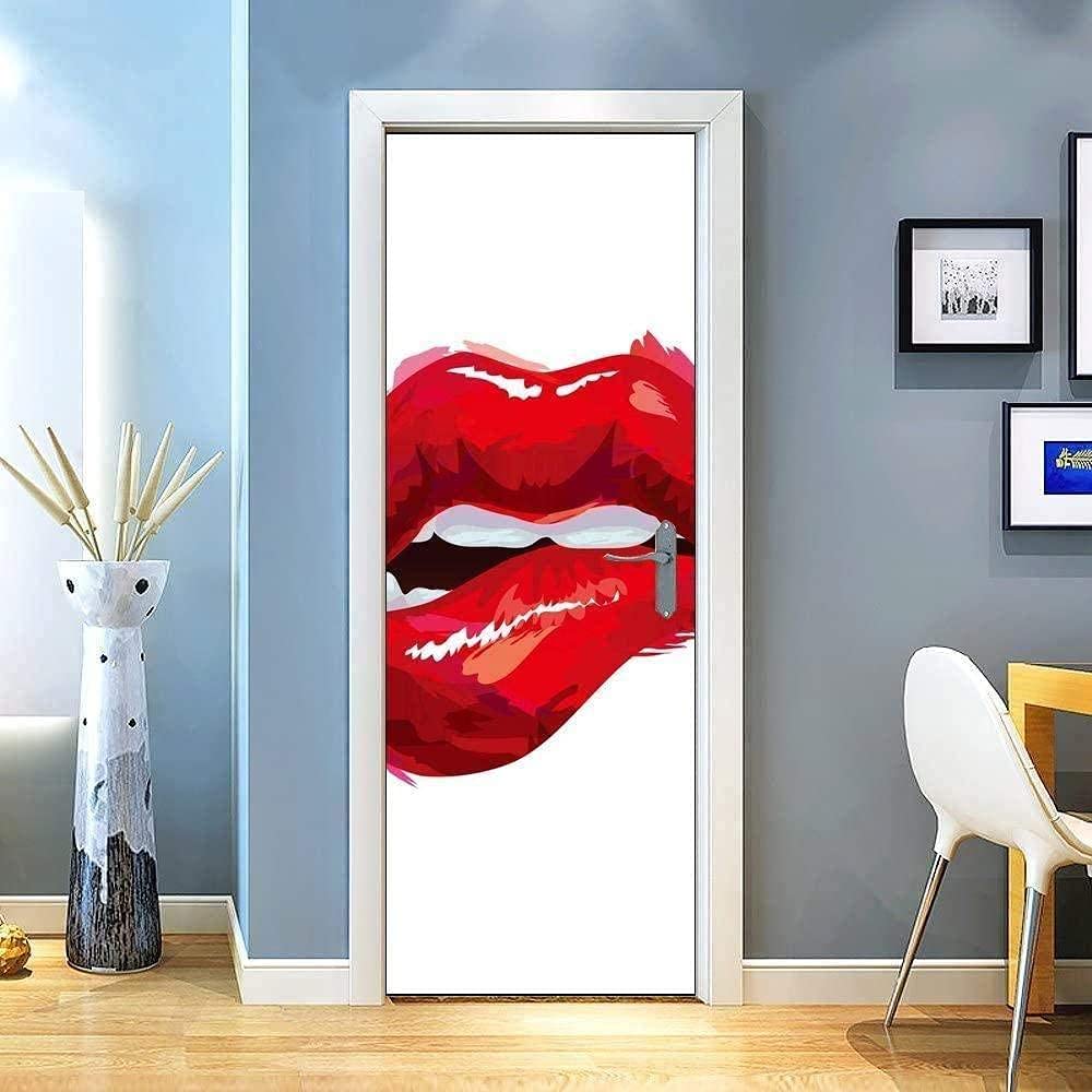 HUANGS Classic Art 3D Door Sticker Self Simple Red Lips Creative Adhesive Door Wallpaper Stick and Peel DIY Vinyl Door Decals Home Decor -30.3x78.7 inch