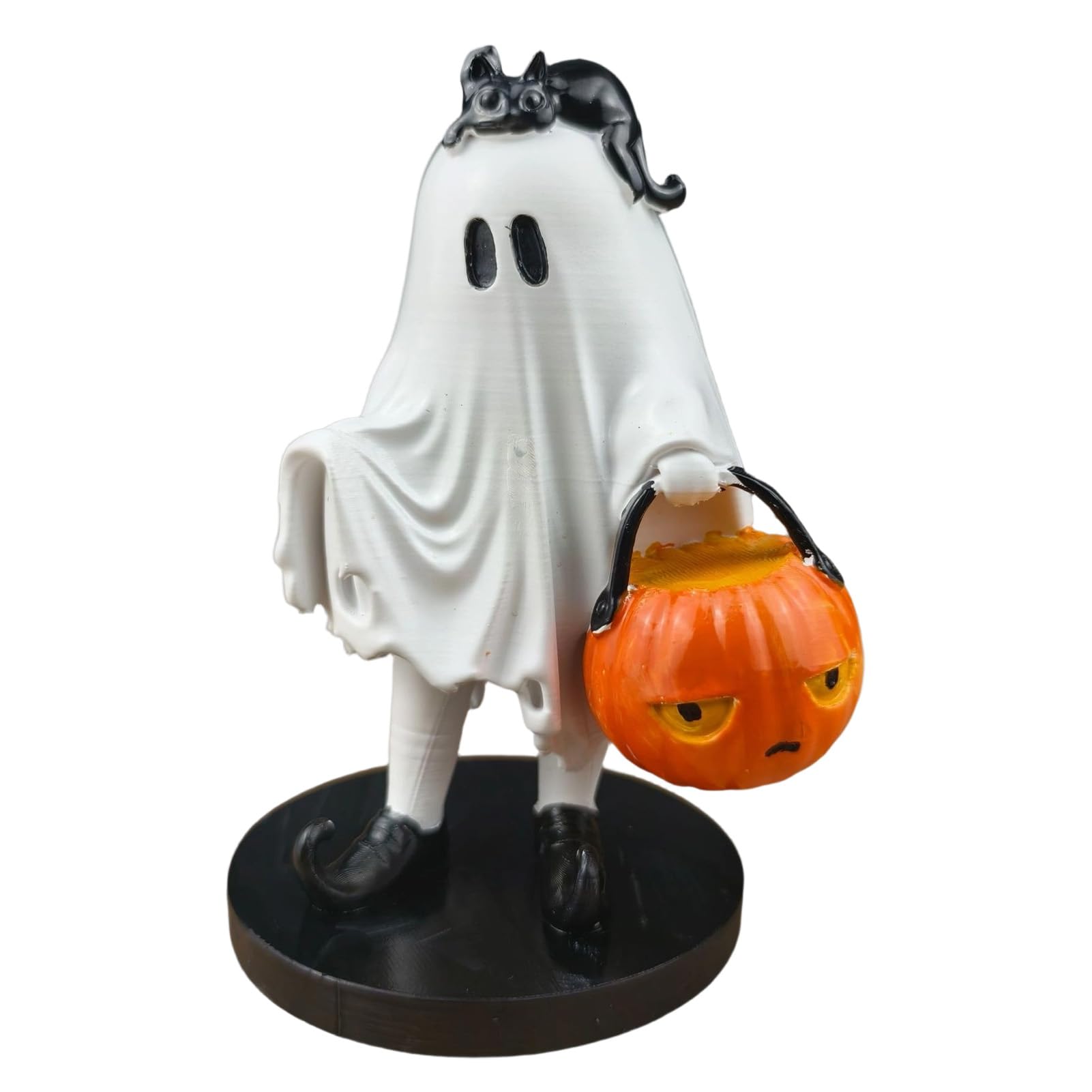 tabecou Vintage Halloween Ghost Figurine, Cute Spooky Resin Statue with Pumpkin Bucket & Black Cat for Kitchen, Home Decor A