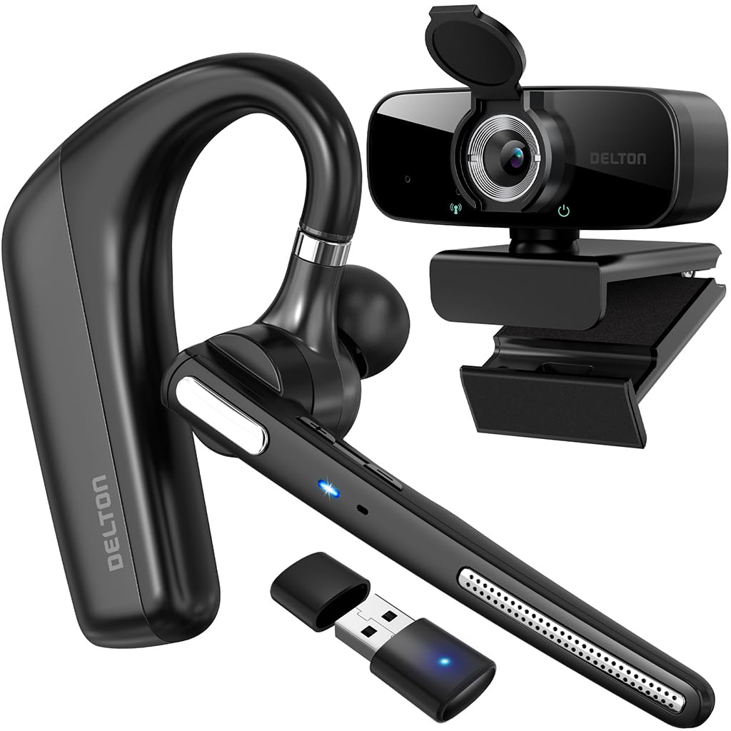 Delton Wireless Headset with 1080p Webcam, Single-Ear Bluetooth Computer Headset with Charging Case, Noise Canceling Mic, USB Dongle for PC/Laptop/Smartphone, Compatible with All Meeting Apps - Black