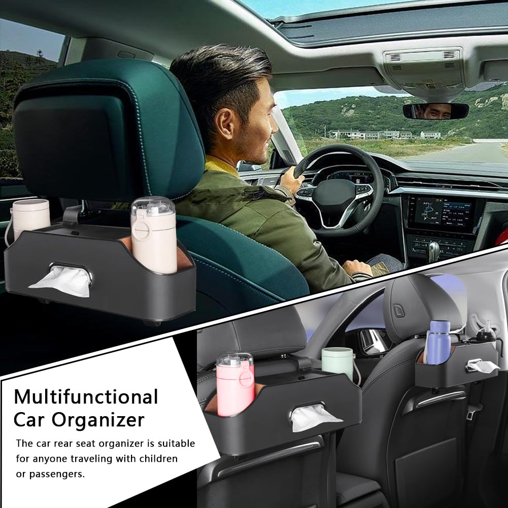 Abnaok Organiseur de siège arrière de voiture avec 2 porte-gobelets – Boîte à mouchoirs et crochet de boîte de rangement – Rangement multifonction – Idéal pour les enfants et les voyages
