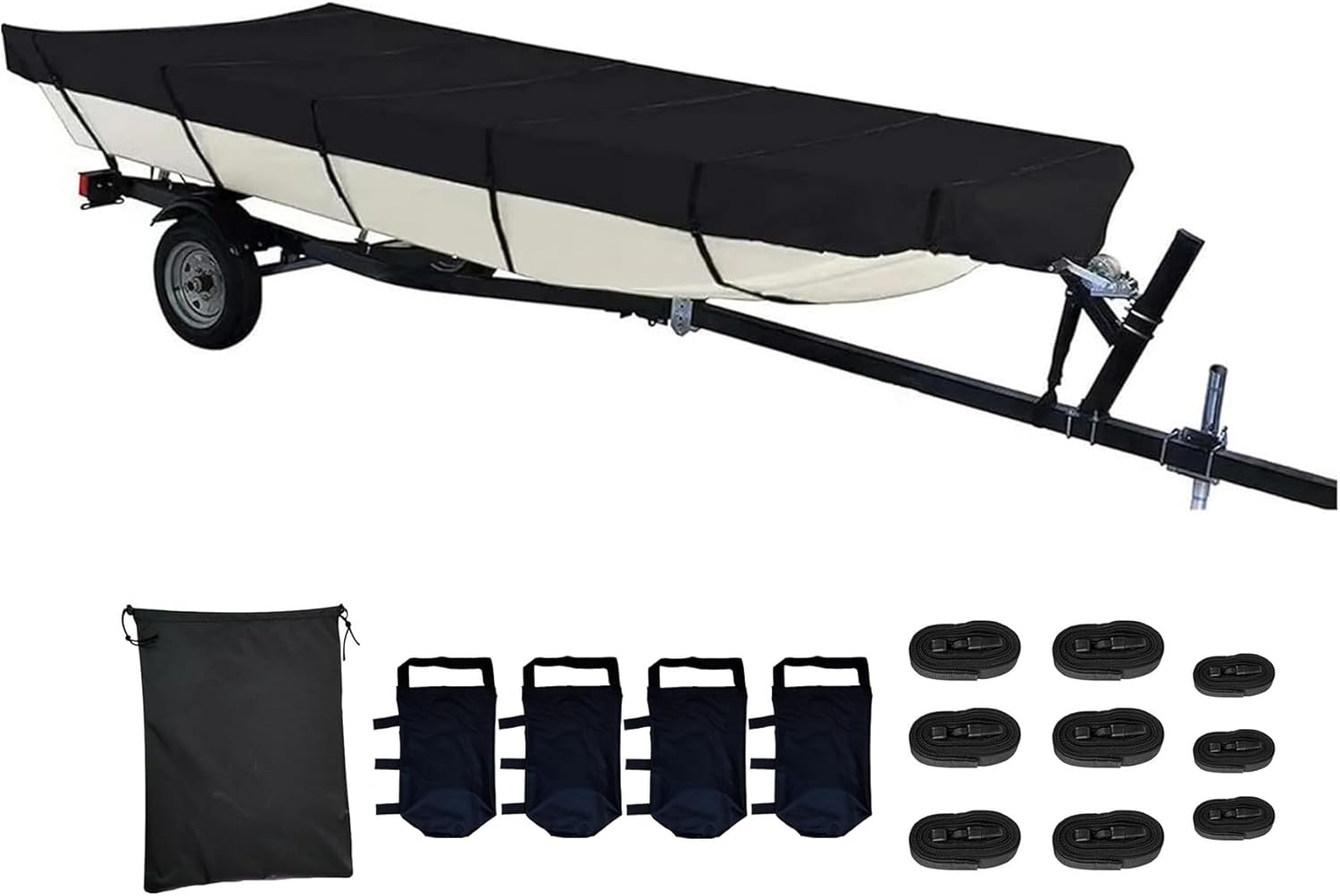 14ft Jon Boat Cover- Waterproof Heavy Duty Trailable Fits Jon Boat 14ft Long Black Marine Grade Reinforced Adjustable Side Straps & Sand Bag