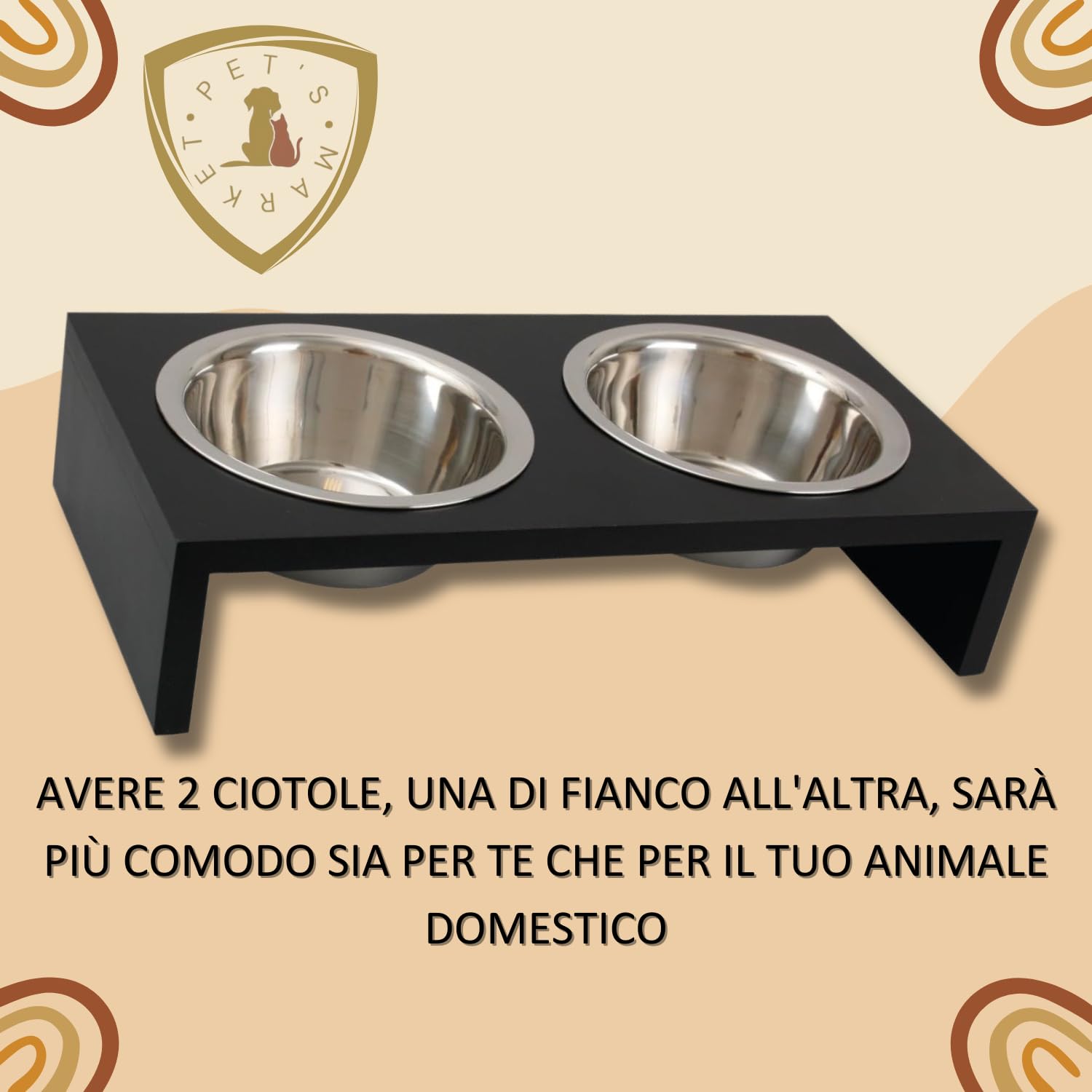 Pet's Market Ciotola Cane Gatto Doppia per la Pappa con Supporto in Legno in Diverse Dimensioni e Colori 2x220 ml 2x380 ml 2x650 ml (2x650 ml Nero)