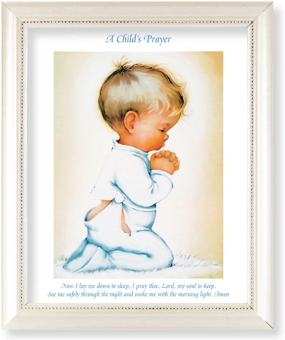 Praying Baby Boy Picture, Pearlized White 9-1/2"x11-1/2 Frame, Beaded Lip, Under Glass