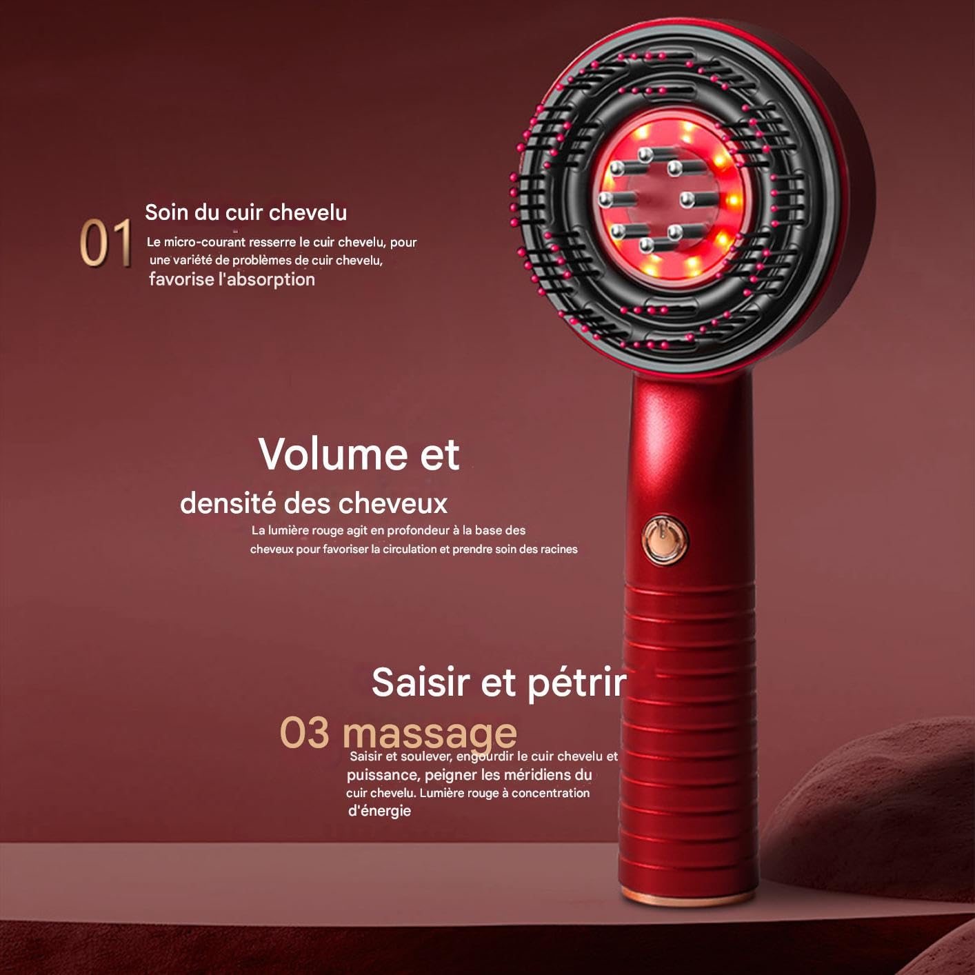 Stimulateur Cuir Chevelu Pousse Cheveux - Exfoliant Capillaire et Outil de Massage - Brosse à Tête Combinée Étanche Rechargeable pour Soins Personnels Hommes Soutien Repousse Voyage Maison