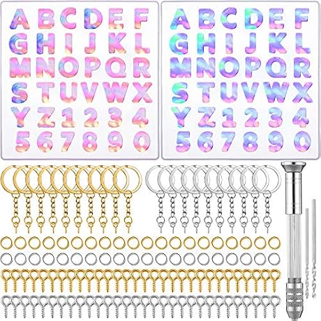 2 Pieces Alphabet Letter Resin Molds Backward Kit, Reusable Letter Number Silicone Resin Mold for Epoxy Casting with Keychain, Pin Vise Hand Drill Set for DIY Making Keychain Pendant Jewelry Art Craft