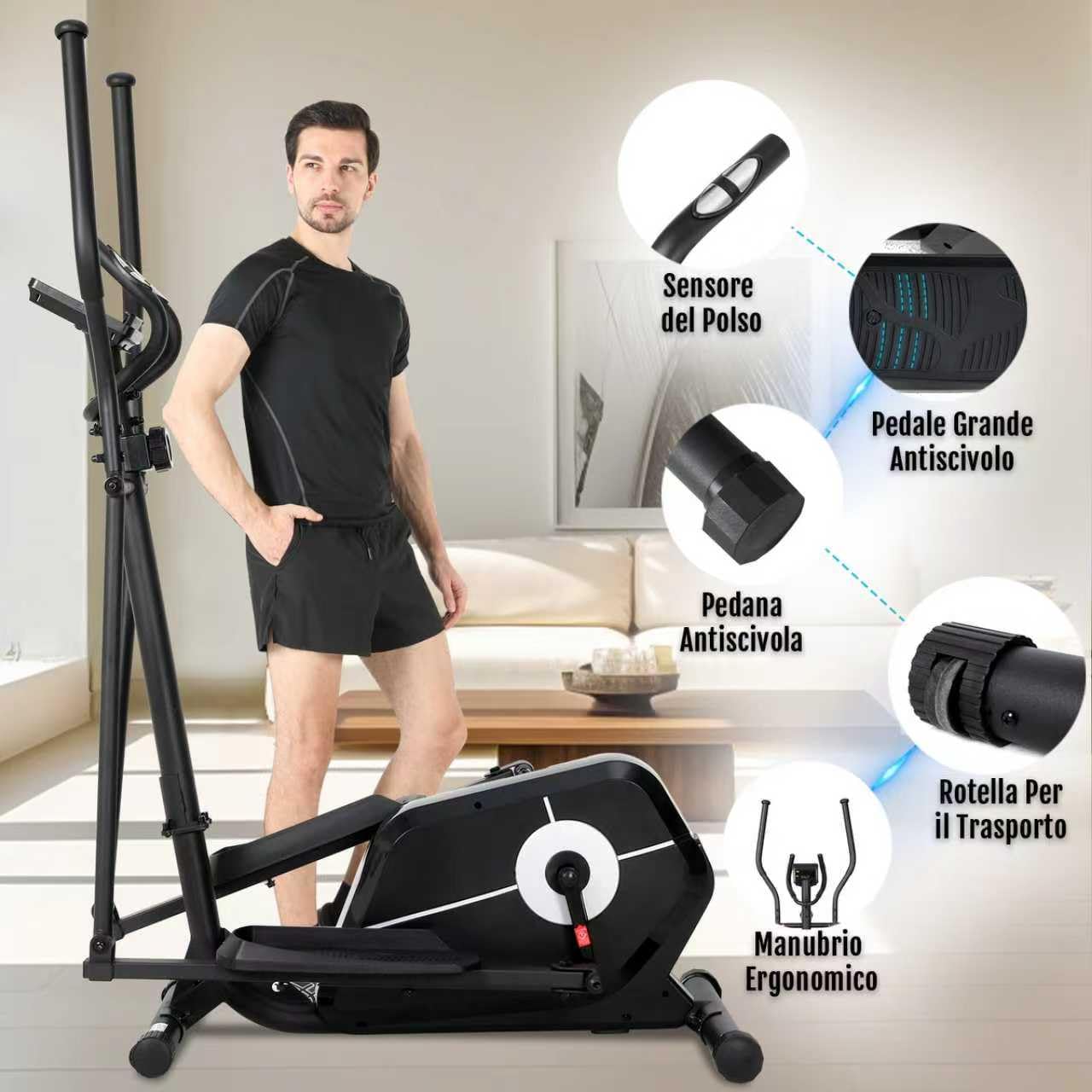 Cyclette Ellittica da Casa con 8 Livelli di Resistenza, Schermo LCD con Supporto per Smartphone, Ellittica Professionale per Casa con Passo di 280 mm, NV-9304