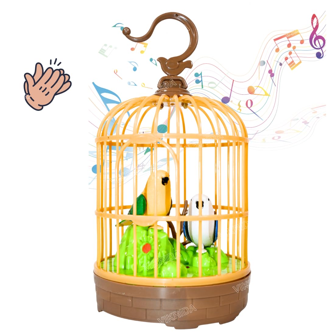 VikriDA Singing Moving Chirping Beautiful Bird Pet Toy in Cage, Hanging Cage with Music Singing Moving Chirping for Kids for Home Decor/Living Room/Garden (Multicolour)