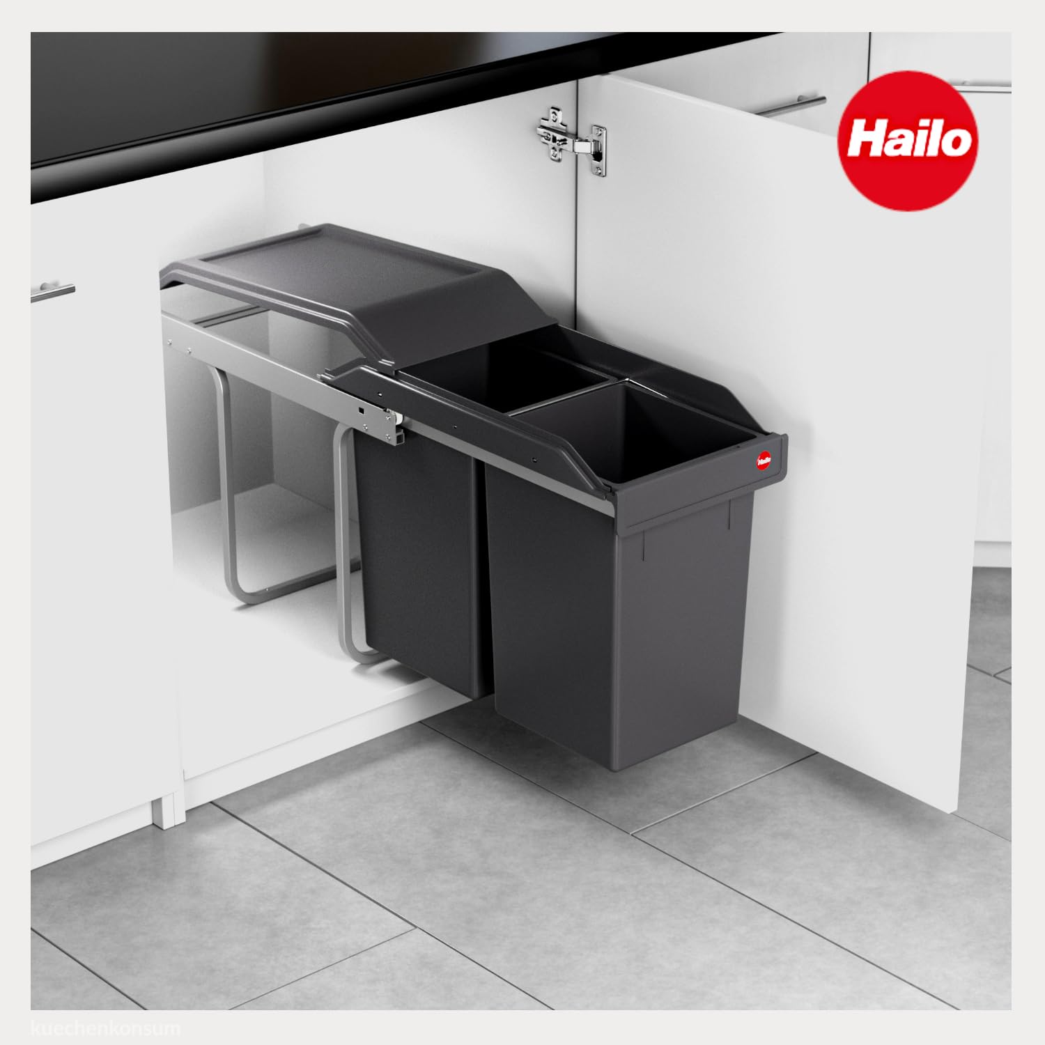 Hailo Abfallsammler Tandem 365010 | 2fach Einbau-Mülleimer | für Schränke ab 300 mm Breite | Bequemer Handauszug auf Rollenführung | Silber und Kunststoff Anthrazit (2x 15L)