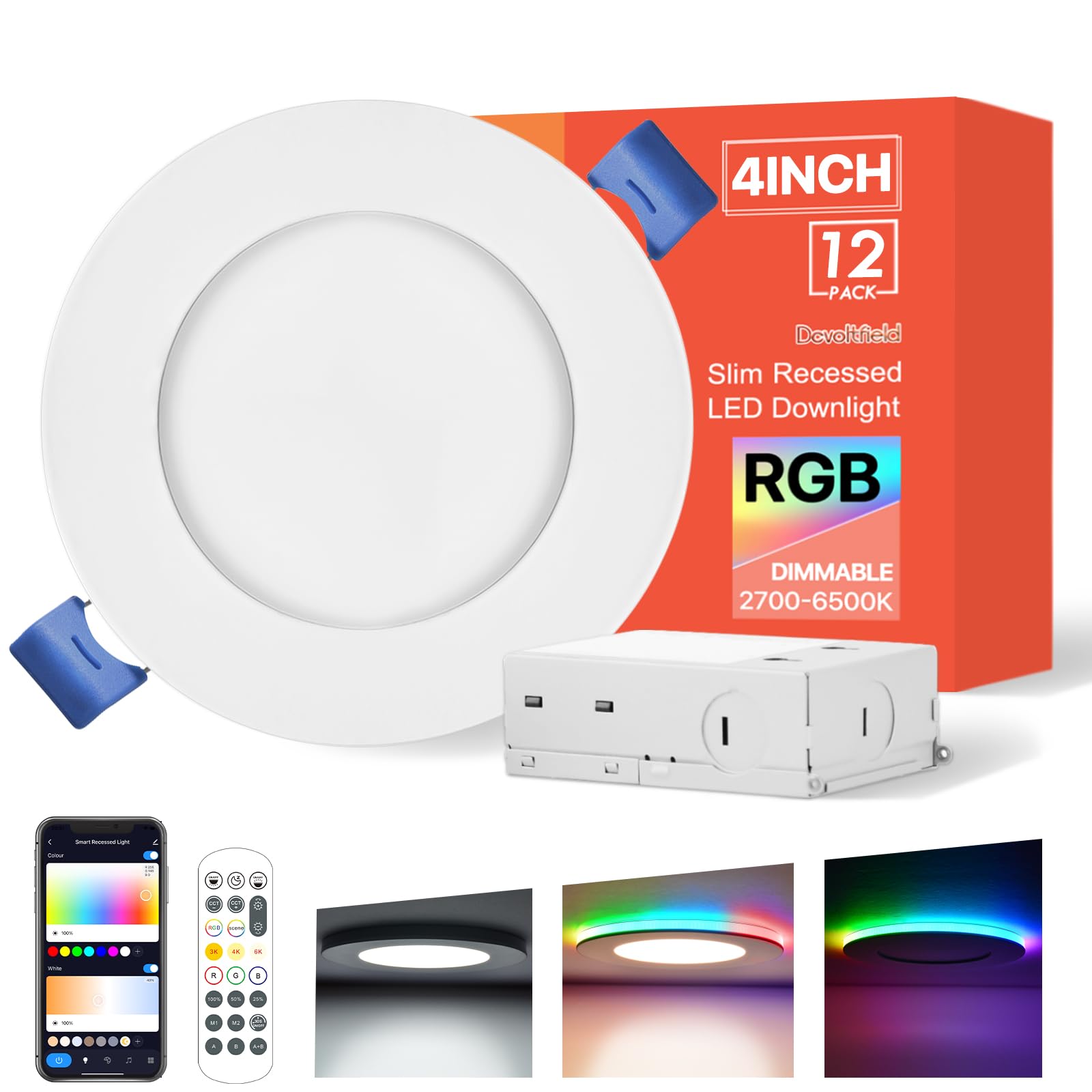 Photo 1 of 12Pack Smart RGB Recessed Lighting 6Inch,Ultra-Thin Canless LED Downlight, 2.4GHz Wi-Fi Bluetooth Direct Connect, 2700K-6500K,12W,2640lm,Work with Tuya App, Alexa,Google Assistant, Music Sync