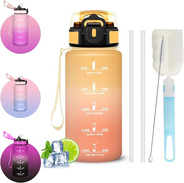 Gourde 500ml, Gourde Enfant avec Paille, Facile à Nettoyer, Brosses pour Paille et Bouteille, Anti Fuite Bouteille, Verrou de Sécurité, Gourdes avec Marqueur de Temps pour Voyages, Yoga, Plein Air - 1
