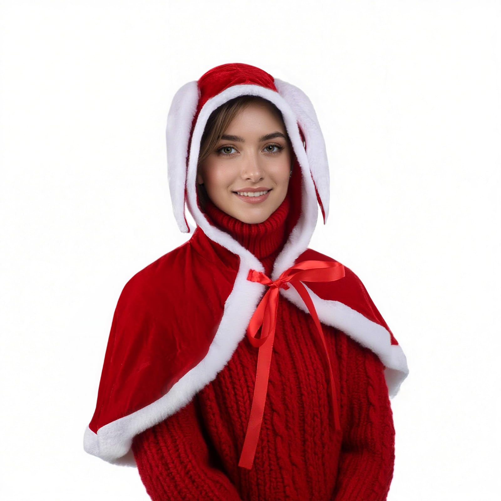 Moonlove Christmas Short Hooded Cape with Long Rabbit Ears Lovely Mrs Santa Claus Shawl Coat Festive Winter Wrap Outfit Halloween Costume Accessory Holiday Fancy Dress Party Red Cloak for Women - Image 4