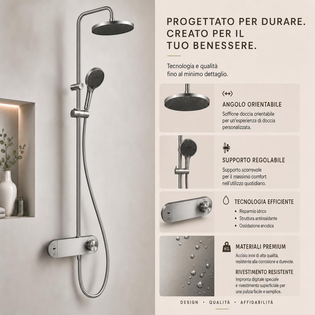 INEX EUROPA Colonna Doccia Nero Grigio Titanio Premium Acciaio Inossidabile 10 Anni di Garanzia - Colonna Doccia Rotonda Effetto Pioggia 3 Modalità di Funzionamento - Doccia 156cm Nero Grigio Titanio