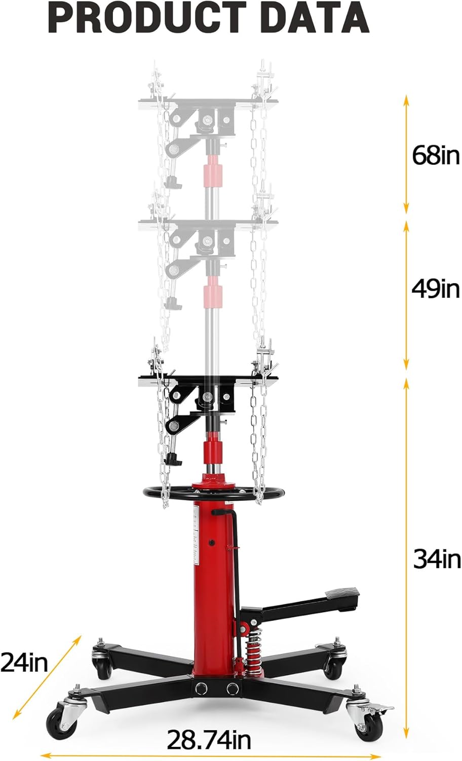 1322 LBS Transmission Jack, 3/5 T Capacity, 34 in-68 in Lifting Range, Hydraulic Telescopic Jack with Foot Pedal, 360° Swivel Wheels & Brakes for Garage/Workshop and Auto Repairs, Red