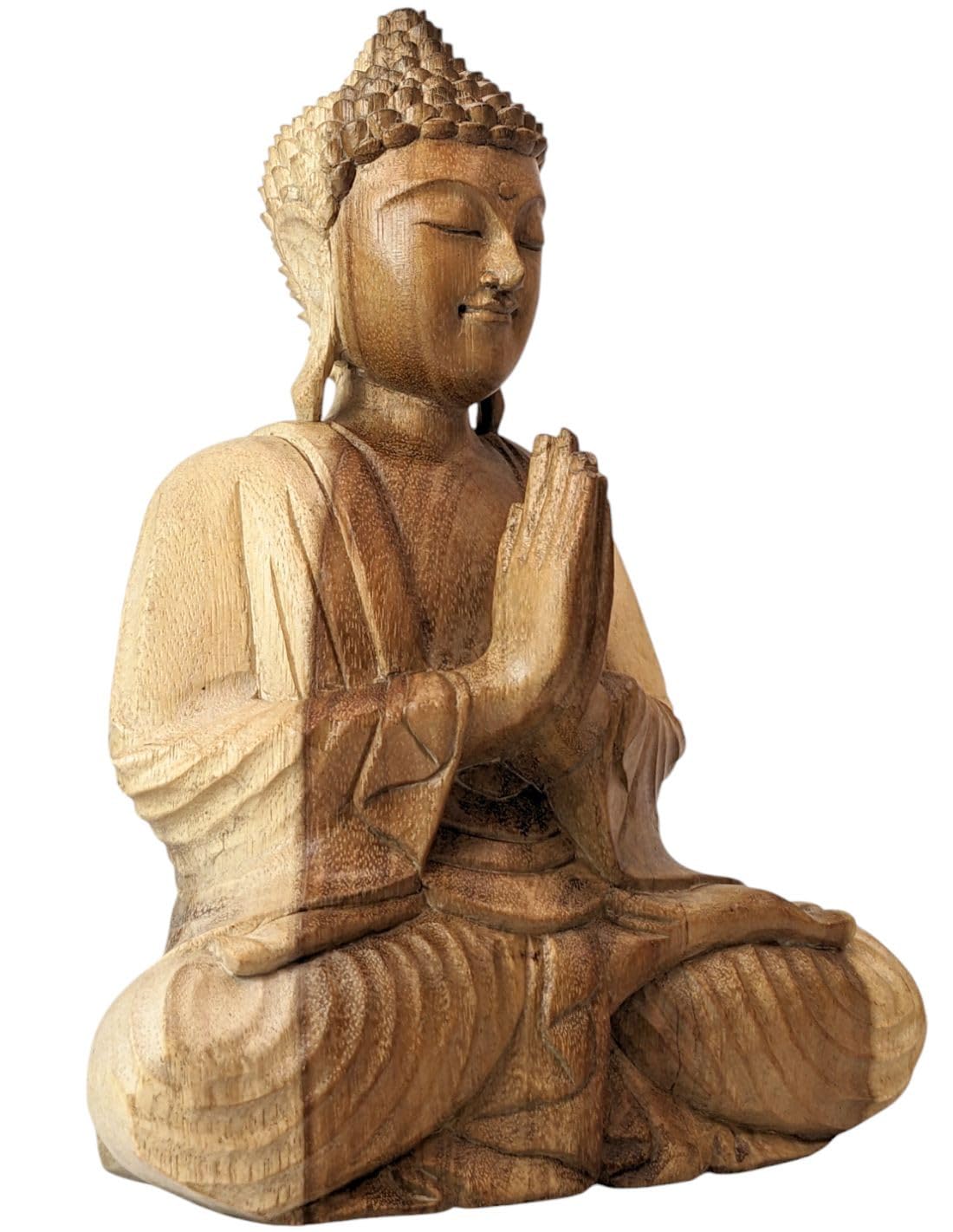 Artisanal Estatua de Buda Sentado Manos Rezando en Madera en Bruto H30 cm