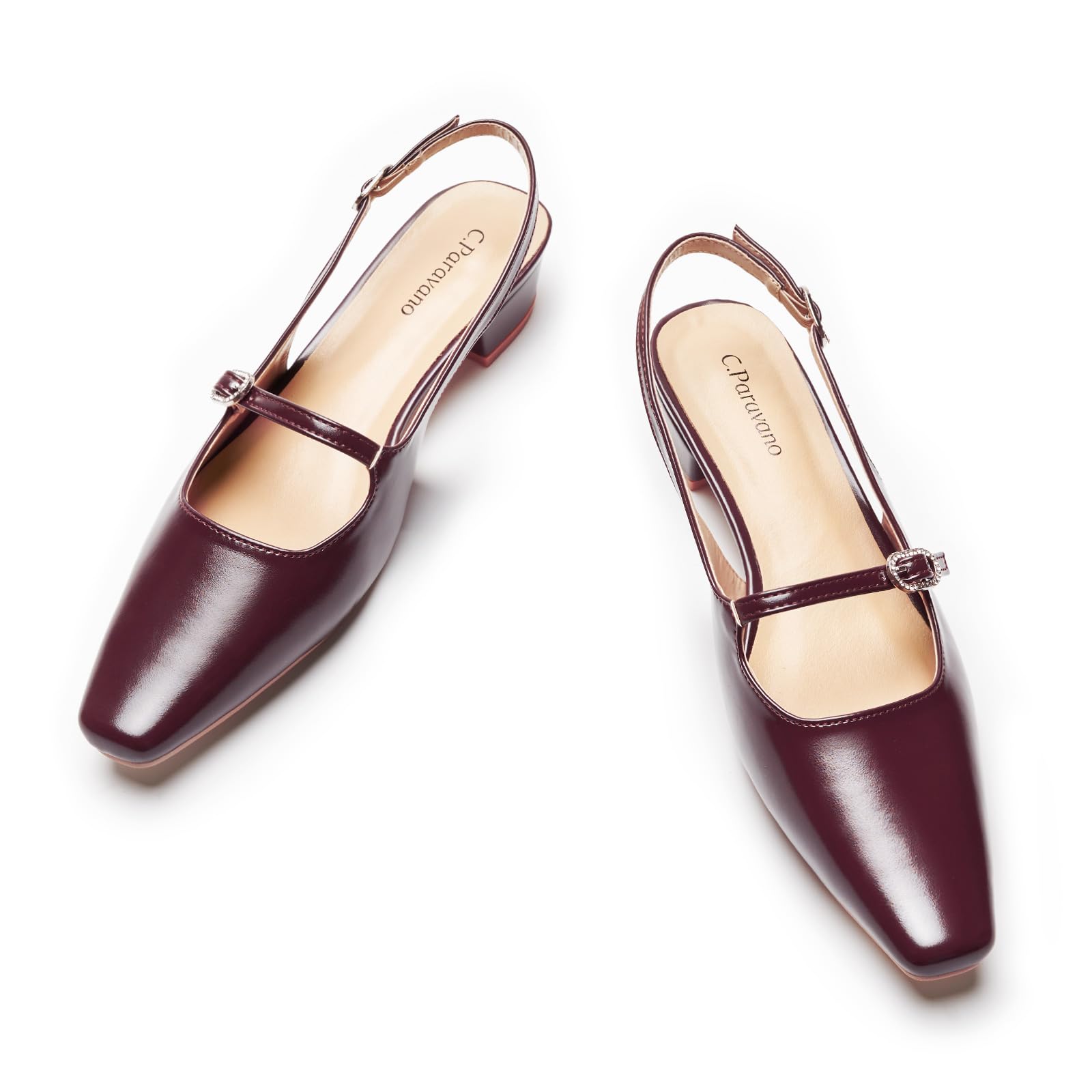 C.Paravano Women's Slingback Small Square Toe Slingback Flats Adjustable Strap Sandals Slip on Casual Slingback Dress Shoes 8.5 Red/Brown