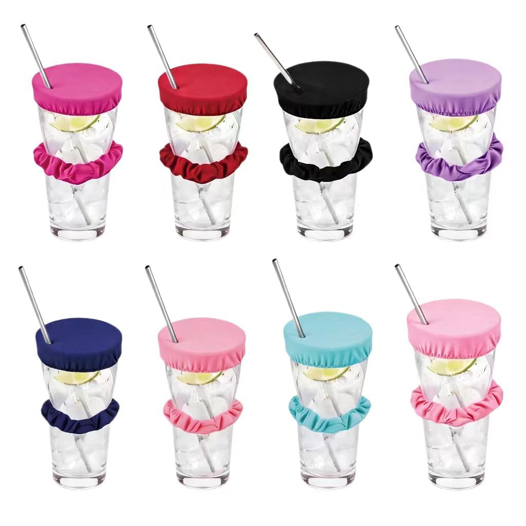 8Pc Drink Covers Anti Spike, Reusable Drink Spiking Prevention with Scrunchie Hair Band Washable Cup Cover Scrunchie Drinks Cover with Straw Holes for Girls Women Clubs Bars Parties Beach