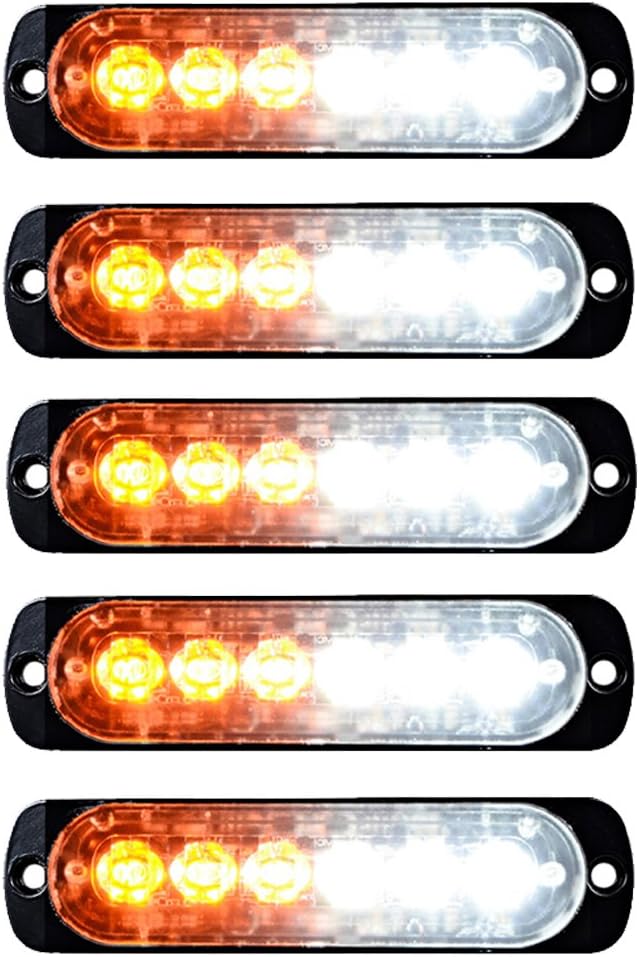 5pcs Amber/White 18W 6-LED Warning Emergency Flashing Strobe Light Bar Surface Mount 12V-24V