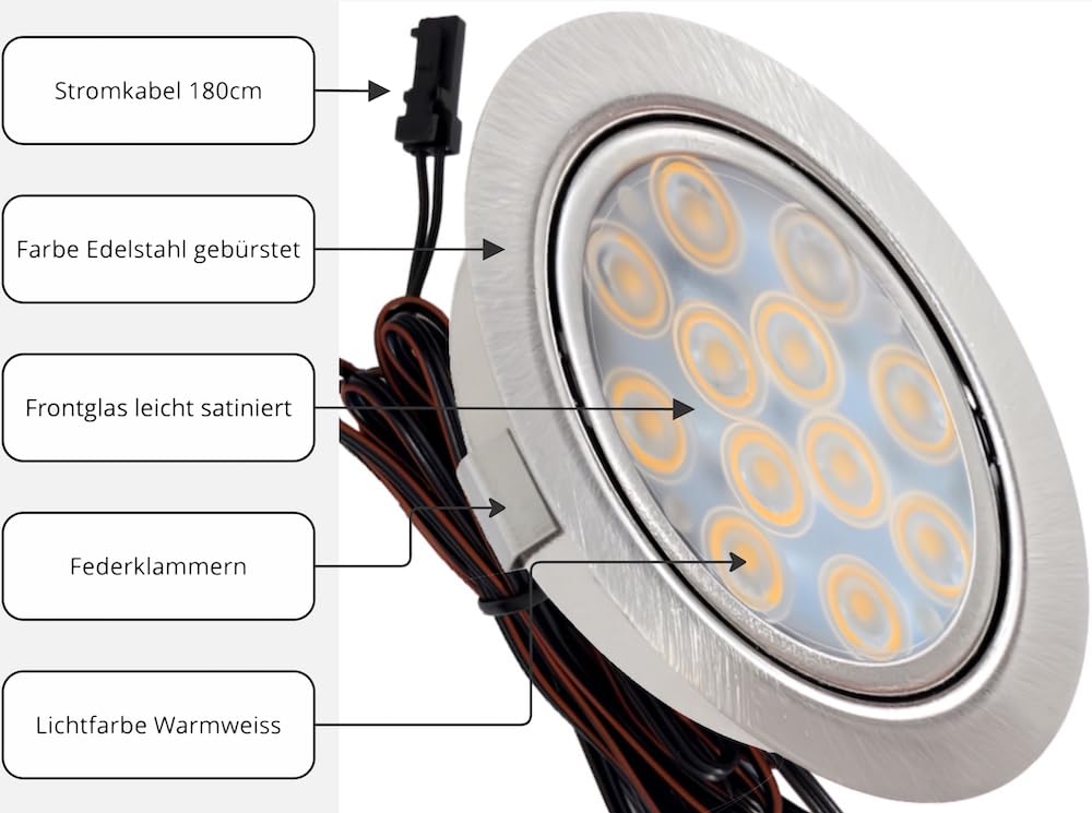 3er Set: Flache LED Möbelleuchten Einbauspots in der Farbe Edelstahl gebürstet, 3W, warmweiß (3000K), 200lm, 12V, 15W LED Trafo 230V. Für Wohnzimmer, Küche und Bad. Plug-and-Play-System.