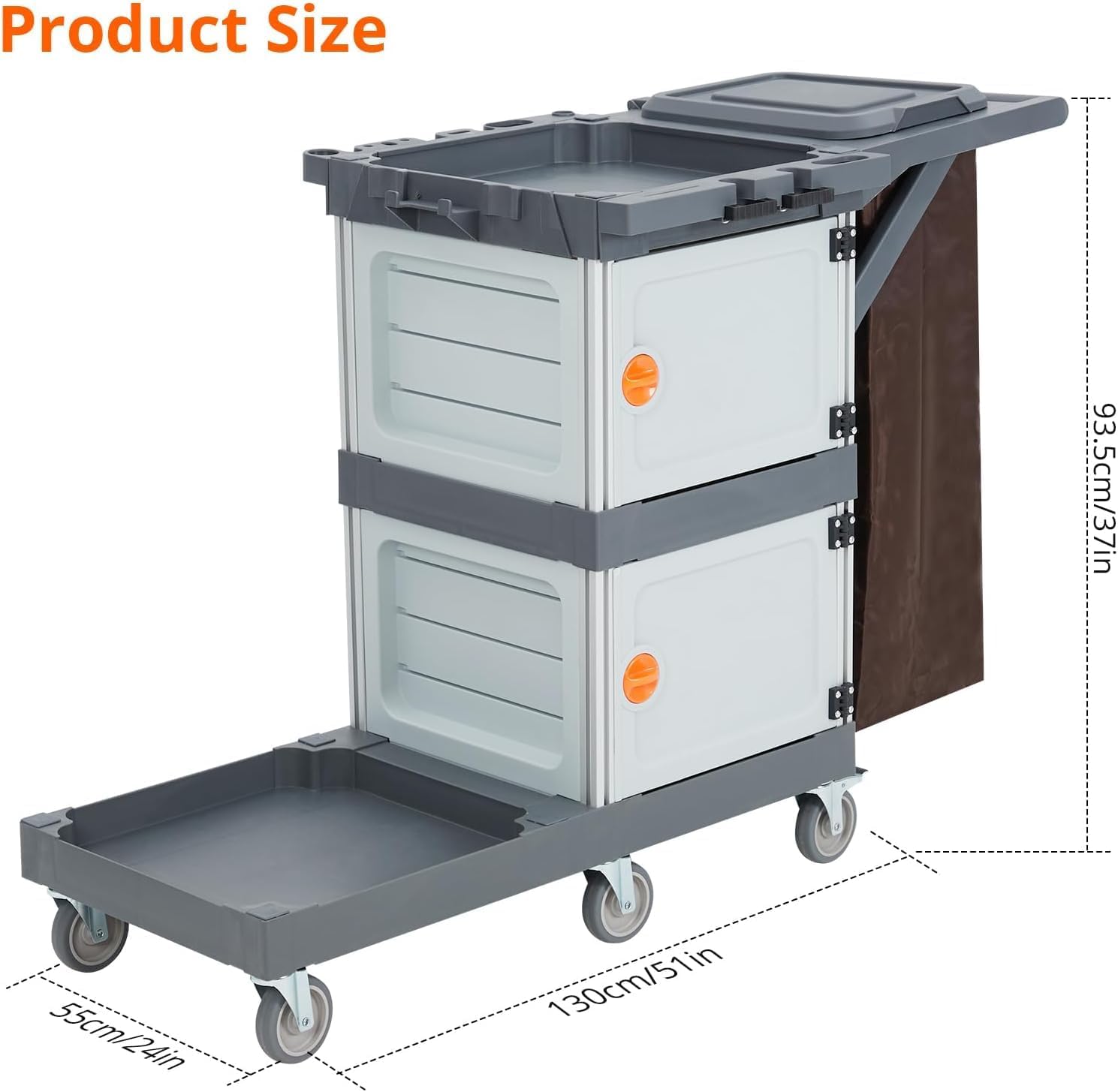 Chariot de Nettoyage Commercial, Chariot de Menage hospitalier Hotel avec 2 Armoires, 3 étagères avec 6 roulettes et Sac en Vinyle pour Bureau, Hôtel, Capacité de 300 LB