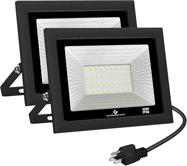 GLORIOUS-LITE LED Flood Lights Outdoor, 100W 10000LM Outside LED Work Light with Plug, 6000K Daylight White, IP66 Waterproof Portable Spot Security Lights for Garage, Yard, Garden, Playground(2 Pack)