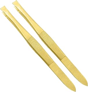 AAProTools (2 Pack) Flat Tweezers - Gold Stainless Steel Flat Tip Tweezers Hair Plucker for Hair and Eyebrows Personal Care (Gold)
