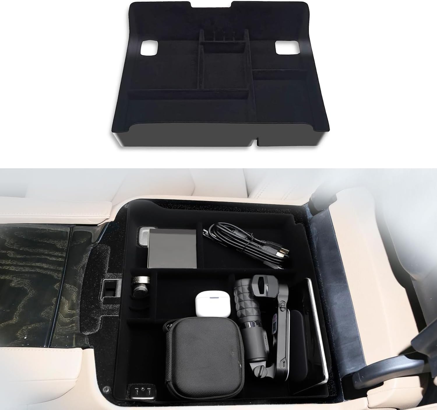 Center Console Organizer Tray Compatible with Cadillac Escalade Platinum Edition 2015-2019, Anti-Slip Flocked Armrest Storage Box Insert for Cadillac Accessories