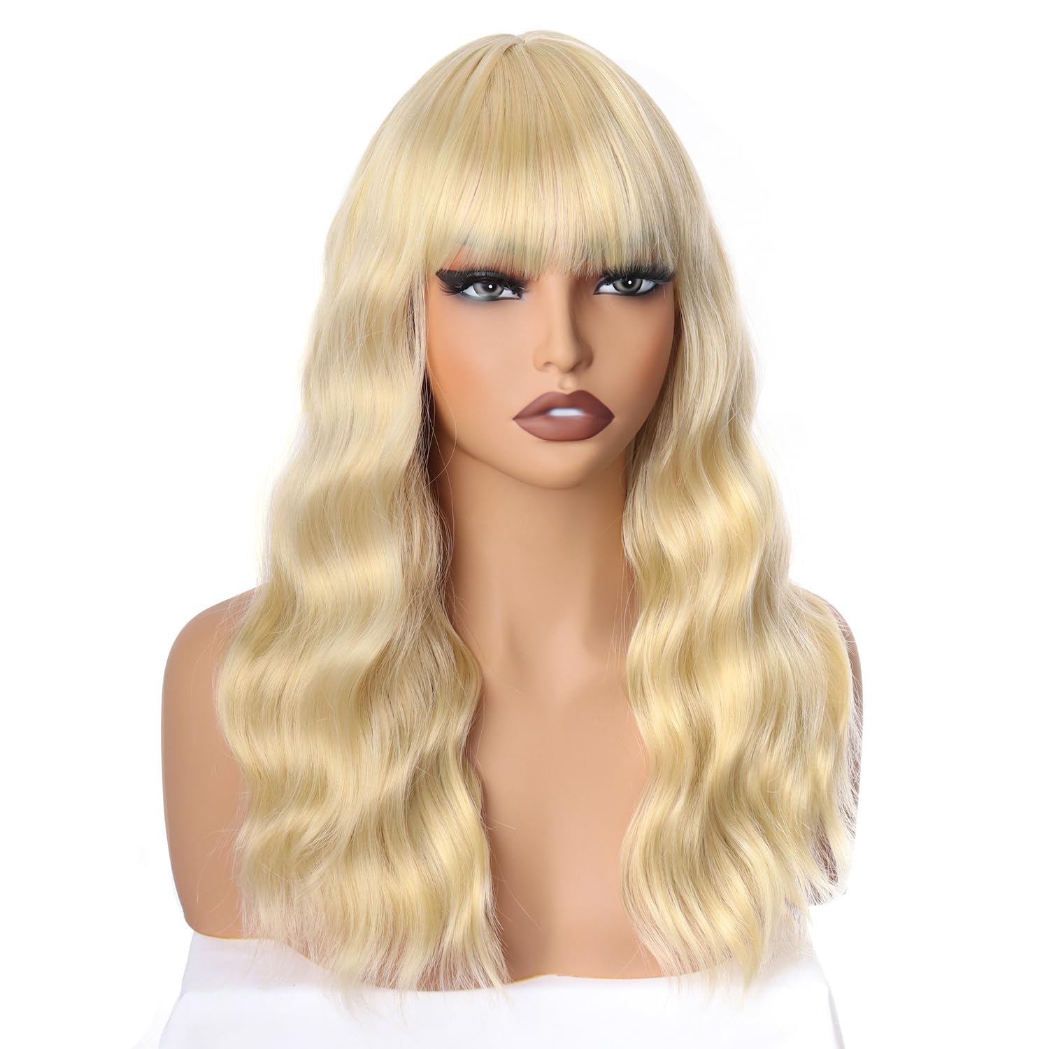 PORSMEER 18 inch Long Blonde Wavy Wig with Fringe for Women Ladies Shoulder Length Curly Heat Resistant Synthetic Natural Hair Wig for Daily Use or Cosplay Halloween Party - Image 4