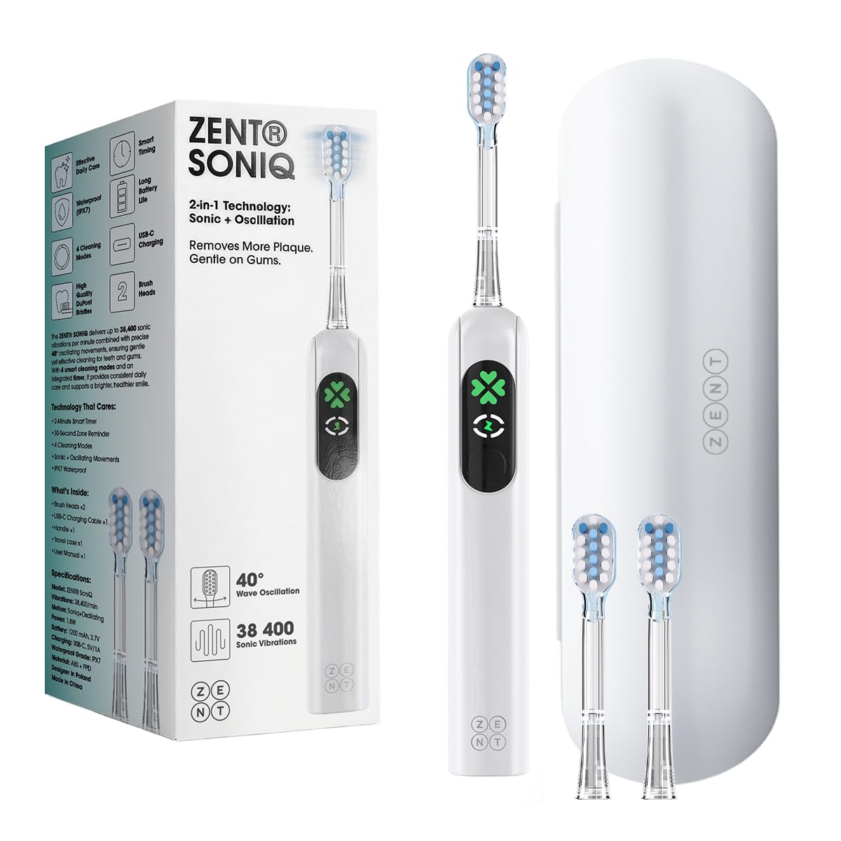 ZENT SoniQ Schallzahnbürste 2in1 Ultraschall Zahnbürste
