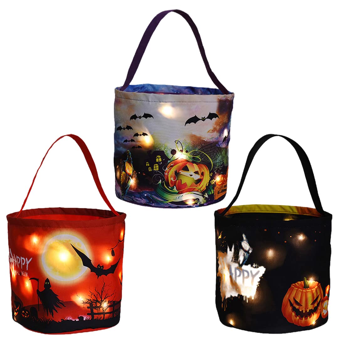 Halloween Candy Bags with LED Lights Trick or Treat Basket, Light up Halloween Party Bags Multipurpose Reusable Goody Bucket for Kids (Package I)