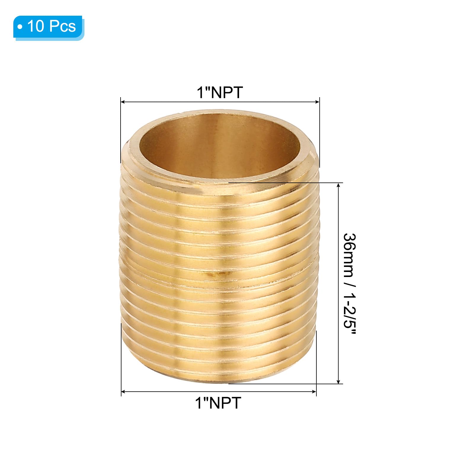 PATIKIL Raccord De Tuyau En Laiton 1" x 1" NPT Male Nipple Fermé, 10Pcs Longueur 1-2/5" Connecteur De Tuyau Droit Pour Systèmes De Carburant, Air, Eau, Huile, Gaz, Ton Laiton