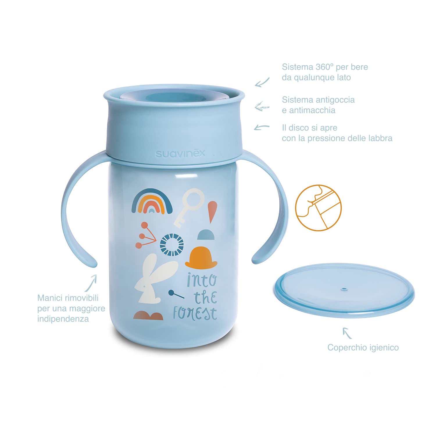 Suavinex 401195 Bicchiere Baby Training Cup Con Manici E Sistema Antigoccia, Da 12 Mesi, Forest Colore Azzurro - 340 ml - 121 g