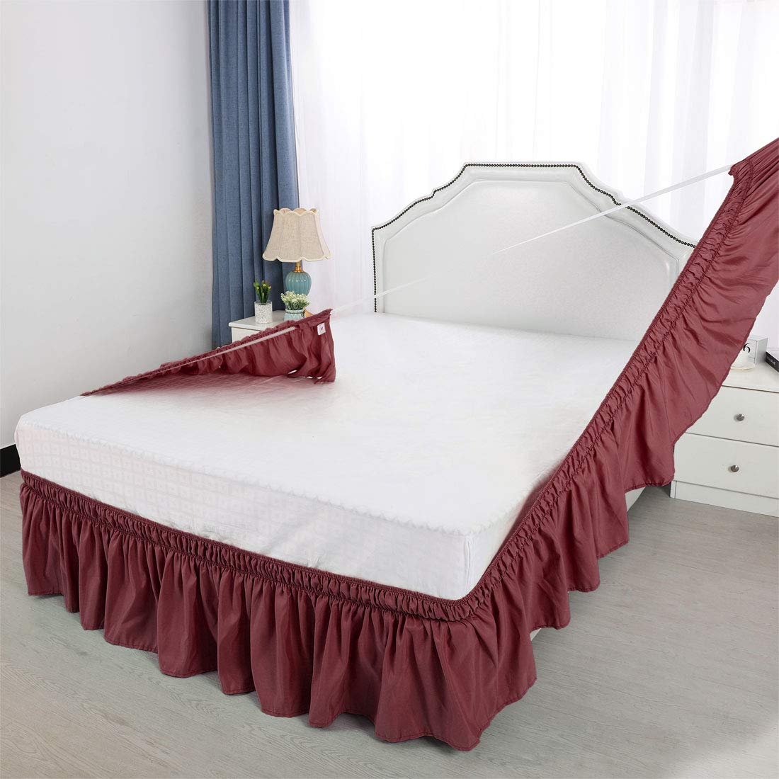 PiccoCasa Faldón de Cama elástico con Volantes, Cenefa de Cama Envolvente, Marco de Microfibra cepillada con Volantes de 38 cm (Doble, borgoña)