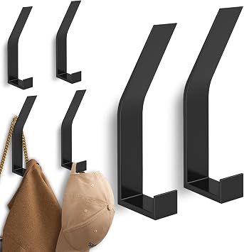 6 Pack Coat Hooks Wall Mount - Heavy Duty Hat Hangers, Large Wall Hooks for Mudroom Entryway Bathroom, Decorative Metal Hook Rack for Hanging Purse, Baseball Cap, Key, Backpack, Towel, Robe Black