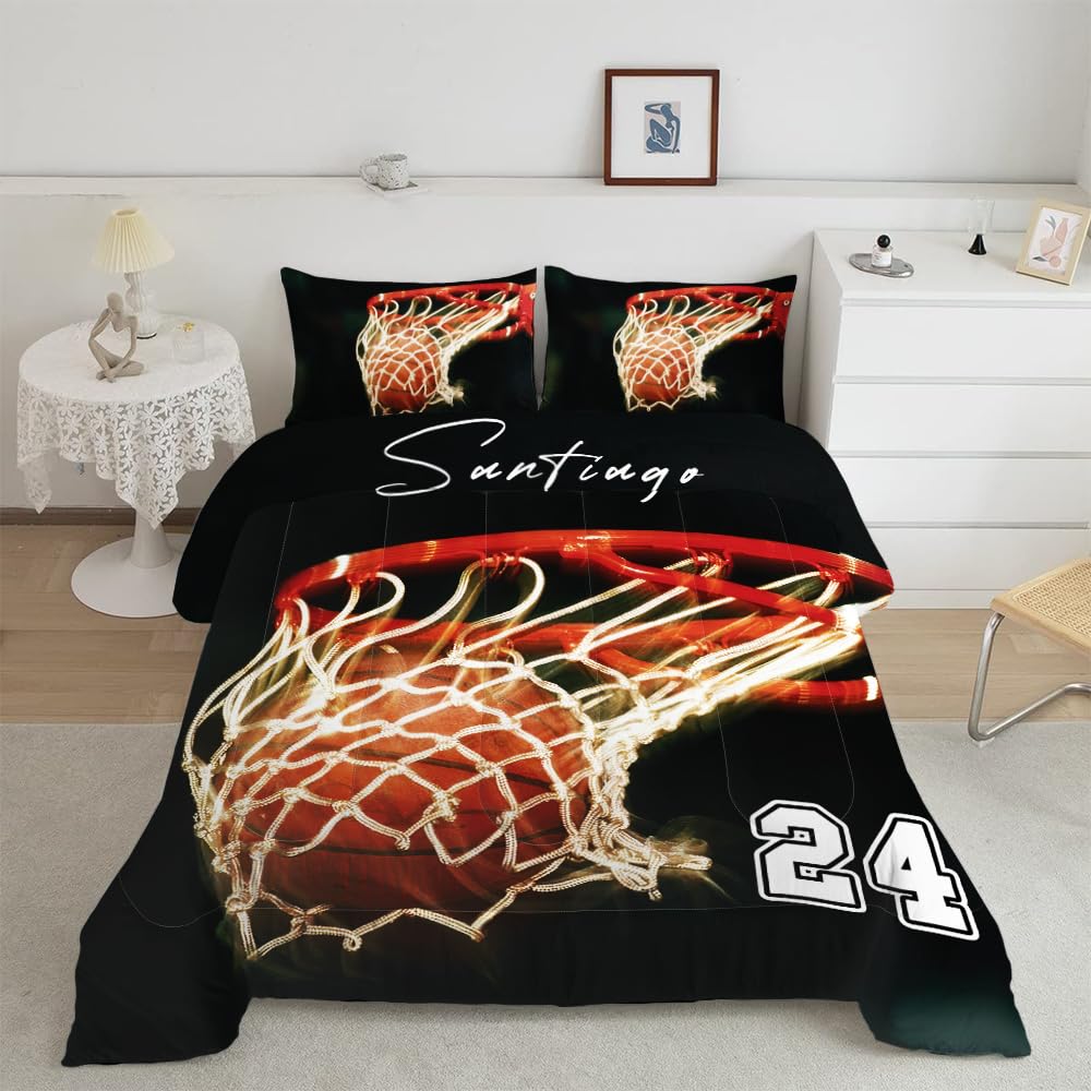 Basketball Comforter Set Full Size Orange Basketball Ball for Kids,3 Pieces (1 Basketball Comforter, 2 Pillowcases) Sport Microfiber Basketball