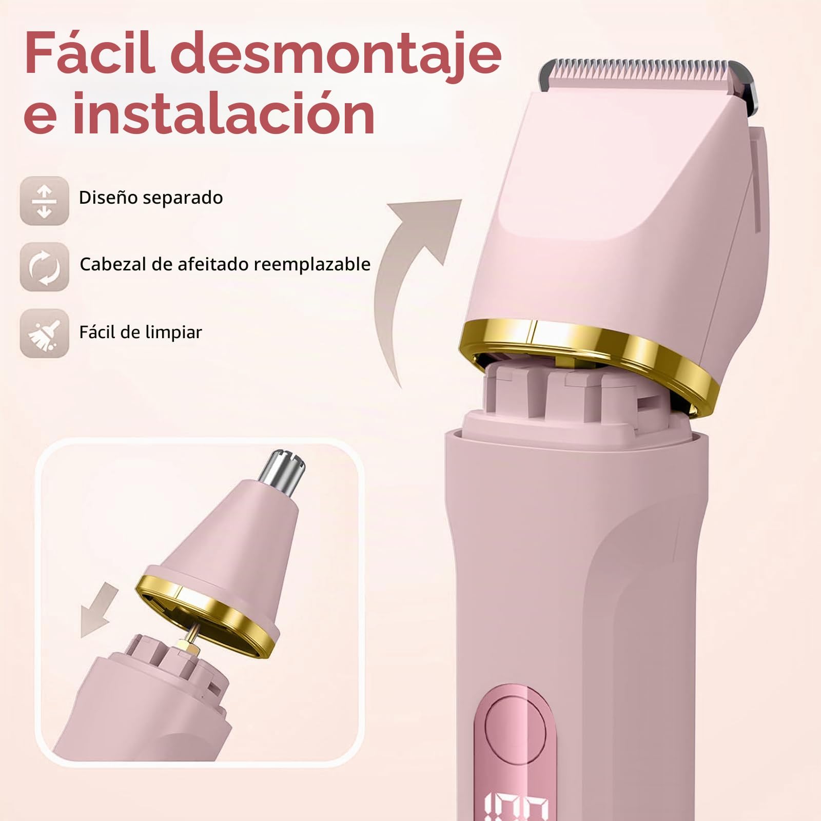 Depiladora Bikini 5 en 1 para mujeres, afeitadora eléctrica corporal inalámbrica impermeable IPX7, 5 cabezales intercambiables para depilación cara, piernas y zona íntima, hoja cerámica, carga USB