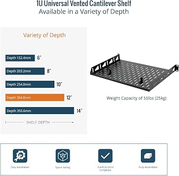 Tecmojo 1U 2Pack Cantilever Shelf, 304.8mm Depth, 19inch Rack Mount with Anti-Slip Stops, Server and Network Rack Shelf, 55lbs(25kg) Capacity, Vented 1U, Black