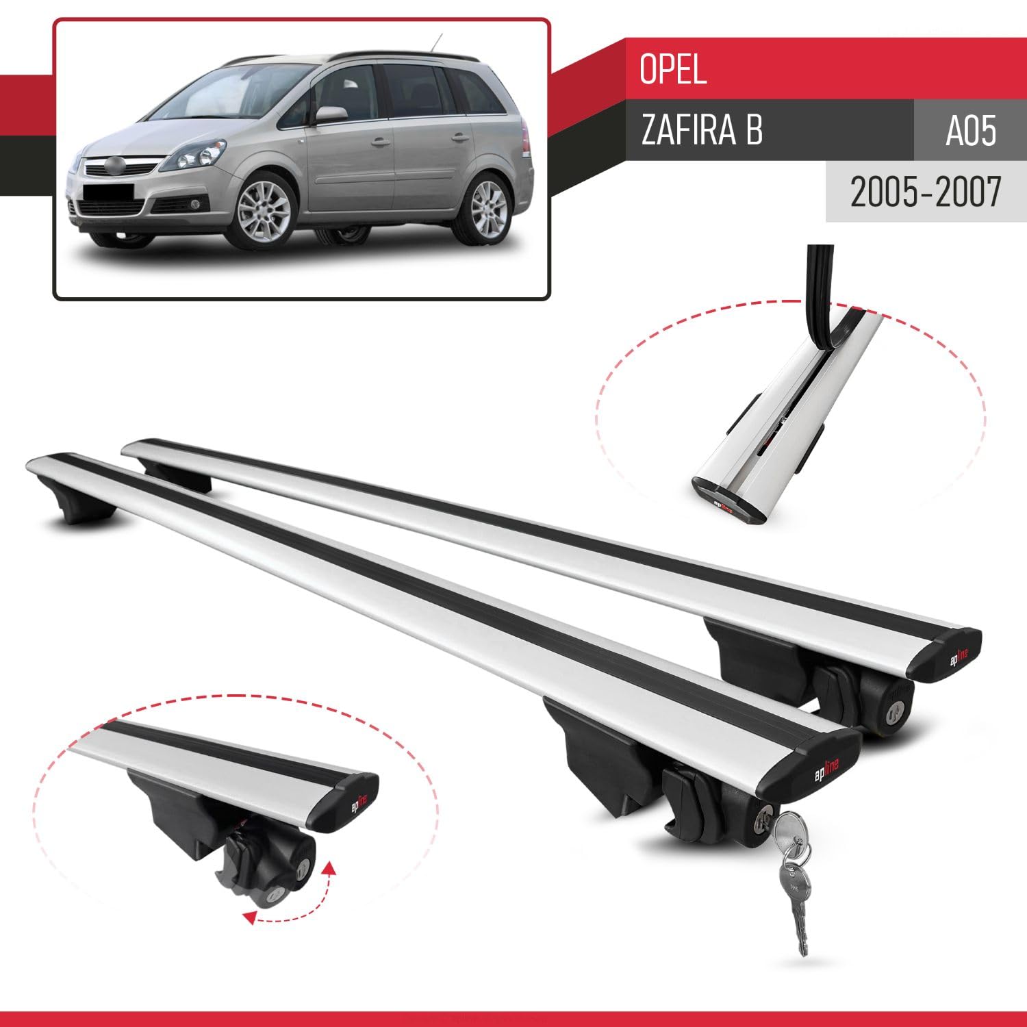Compatible con Opel Zafira B (A05) Pre-Facelift 2005-2007 Modelo Hook Barra de Techo Auto Portaequipajes Barras Transversales Gris Aluminio 2 Barras