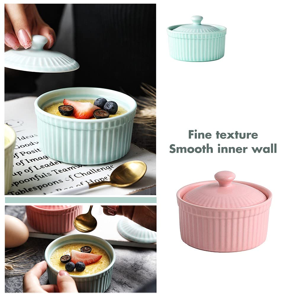 Meltset - Ramequines de 4 onzas con tapas, cuencos de cerámica aptos para horno, platos de porcelana para hornear soufflé, crema brulee, pastel de lava, postres de helado, aperitivos (juego de 5,