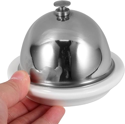 Miniatura 9 de Tofficu 2 unids plato de mantequilla de cerámica con cúpula de acero inoxidable plato de mantequilla redondo de porcelana queso Keeper contenedor