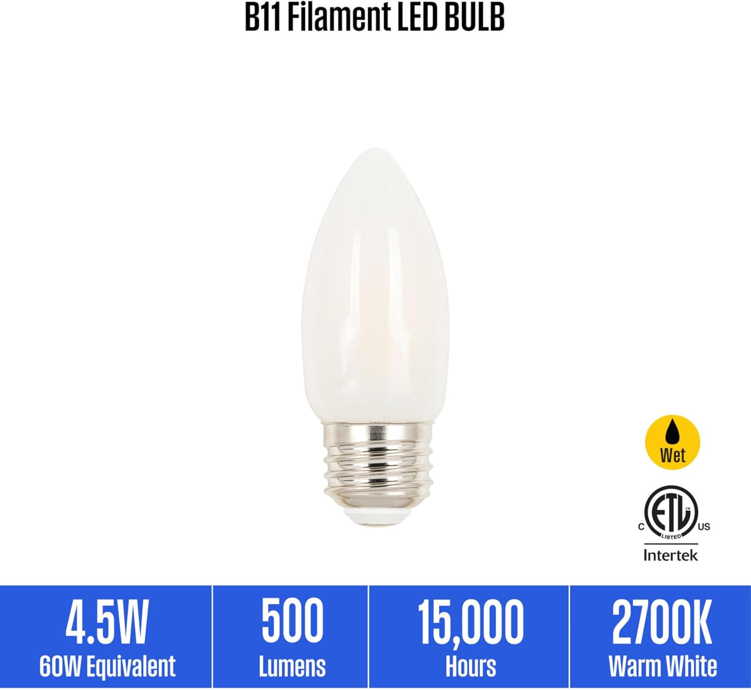 Westinghouse 5315020 4.5 Watt (60 Watt Equivalent) B11 Dimmable Frosted Filament LED Light Bulb, Medium Base, 6 Pack