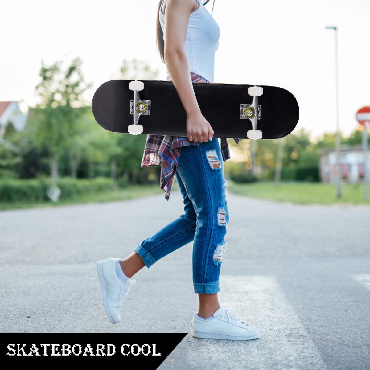 COSTWAY Skateboard en Bois d'Erable à 7 Couches, Planche à roulettes avec 4 Roues en PU, 80x20cm, Support 50KG pour Jeunes ou Débutants