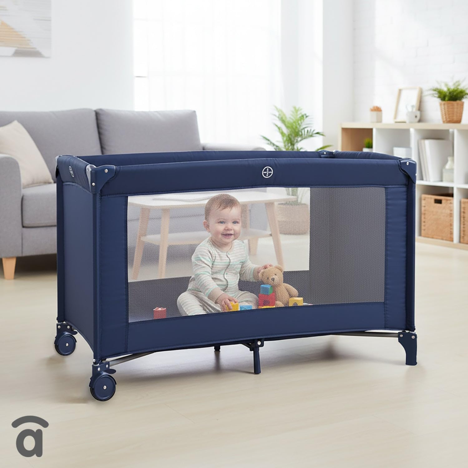 Asalvo BALEARES Cuna de Viaje, 0-3 Años (0-15 kg), Cuna de Viaje Ligera, Colchón, (71x126 cm), Bolsa de Transporte, Plegado Ultrarrápido Tipo Paraguas, Azul Marino